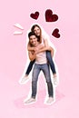 Composite collage photo of young piggyback rider girl her husband enjoy spend time february valentine day love shapes