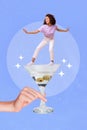 Composite collage photo of youngster woman flying glass cocktail cold liquour olive beverage party event isolated on
