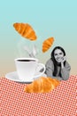 Composite collage picnic of young girl relaxed drinking tasty latte coffee cup hot fresh sweet croissant isolated on