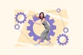 Composite collage picture of astonished positive girl hands support configuration mechanism gear isolated on drawing Royalty Free Stock Photo