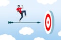 Composite collage picture of excited delighted guy stand flying arrow darts board target raise fists isolated on clouds