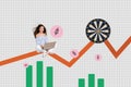 Composite collage picture of funny amazed businesswoman watching how her stats dartboard profit isolated on checkered