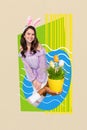 Composite collage picture image of charming young girl bunny ears hand hold flower pot easter concept unusual fantasy Royalty Free Stock Photo