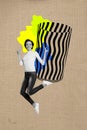 Composite collage picture image of cheerful funny female have fun jumping shopping magazine weird freak bizarre unusual