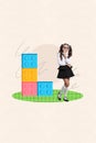 Composite collage picture image of curious interested little schoolgirl look wondered lego blocks have fun education