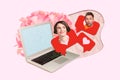 Composite collage picture image of cute couple girlfriend boyfriend laptop distance relationships couple lovers messages