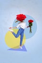 Composite collage picture image of dancing cheerful happy woman holding red roses bouquet dating girlfriend 8 march