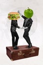 Composite collage picture image of dancing together man woman green apple burger instead head have fun retro vintage Royalty Free Stock Photo