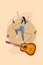 Composite collage picture image of excited energetic woman dancing acoustic guitar have fun notes listen music sketch