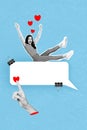 Composite collage picture image of excited energetic young woman boyfriend message heart lover dating hand point Royalty Free Stock Photo