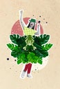 Composite collage picture image of excited energetic young woman dancing tropical exotic leaves costume party travel Royalty Free Stock Photo