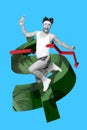 Composite collage picture image of excited happy energetic young sportsman running fast broke arrow earning money dollar