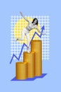 Composite collage picture image of excited surprised amazed falling woman arrow upstairs climb money management