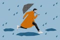 Composite collage picture image of funky running fast hurry young man painting clothes holding umbrella escape rain