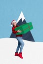 Composite collage picture image of funny female hold big gift box delivery new year x-mas magazine sketch christmas