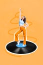 Composite collage picture image of happy funky young attractive woman point up disco move vinyl recorder music lover