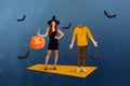 Composite collage picture image of sexy witch costume woman put spell make him headless hold halloween pumpkin party