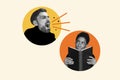 Composite collage picture image of shouting angry man loud screaming smart woman hold book reading irritated annoyed
