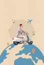 Composite collage picture image of young cool handsome man riding scooter motorcycle planet earth traveler trip fantasy Royalty Free Stock Photo