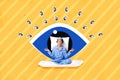 Composite collage picture image of young woman closed eyes meditating om lotus pose pillow sleep big eye spying Royalty Free Stock Photo