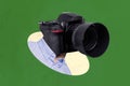 Composite collage picture of person photo camera instead head isolated on creative green background