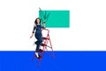 Composite collage picture of positive construction worker girl hold drill climb ladder isolated on creative background