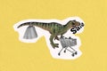 Composite collage picture of prehistoric dinosaur tail hold shopping bags push market trolley sale special offer Royalty Free Stock Photo