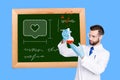 Composite collage picture of white coat doctor invent love medicine bottle wooden frame black board isolated on blue