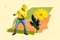 Composite collage portrait of dancing mini guy bunch daisy flowers instead head on drawing background