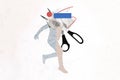 Composite collage portrait of scissors cute painted running person crumpled paper isolated on creative white background Royalty Free Stock Photo