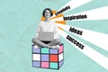 Composite collage of silhouette young office manager lady sit on huge rubik cude hold laptop have creativity inspiration Royalty Free Stock Photo