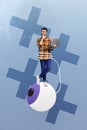 Composite collage of thoughtful brainstorming guy use laptop eyeball watching espionage hacker cyber security isolated