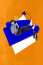 Composite collage of young alcoholic guy lying comfortable drawing blue sofa hold glass bottle with champagne indoors Royalty Free Stock Photo