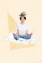 Composite collage of young smart woman relax sitting practice meditation brainstorming focused brainstorm isolated on