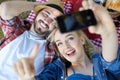 Composite of Couple taking selfie on smartphone on romantic picn Royalty Free Stock Photo