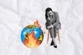 Composite creative art collage of young upset girl hold match set fire earth planet globe forest fire disaster damage