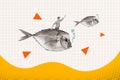 Composite creative collage illustration photo of funny positive excited man sit on fish raising fist up isolated on