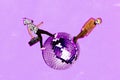 Composite creative collage image or two mini guys zebra sloth mask instead head walk huge disco ball on purple