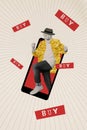 Composite creative collage of pensioner man wear hat golden jacket virtual character phone display buy online isolated