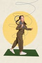 Composite creative collage picture of funny girl preteen walking with loupe magnifying glass on plaid yellow