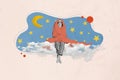 Composite creative collage of young girl dreaming between stars levitate in sky wrapped cozy duvet isolated on beige