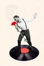 Composite creative 3d collage photo of professional talented man hold absurd microphone flower carnation vinyl record