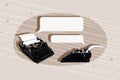 Composite creative design 3d collage of two oldschool typescript keyboards communication message storytelling dialogue Royalty Free Stock Photo