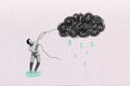 Composite creative illustration photo collage of crazy funny man pull cloud by rope try to manage weather isolated on Royalty Free Stock Photo