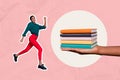 Composite creative photo collage artwork design of young running girl stack books enjoy reading literature store Royalty Free Stock Photo