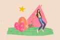 Composite creative photo collage artwork greeting card banner of youngster teen girl hold basket colored eggs easter