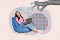 Composite creative photo collage of hand control thoughts of minded dreamy woman sit with laptop thinking on