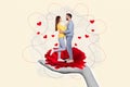 Composite creative photo collage of large arm hold happy beautiful couple standing on red gerbera flower isolated on