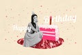 Composite creative photo collage of satisfied nice woman celebrate her birthday near large piece of cake isolated on