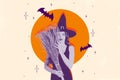 Composite creative photo illustration collage of beautiful witch hold broomstick haunting at night isolated on colorful